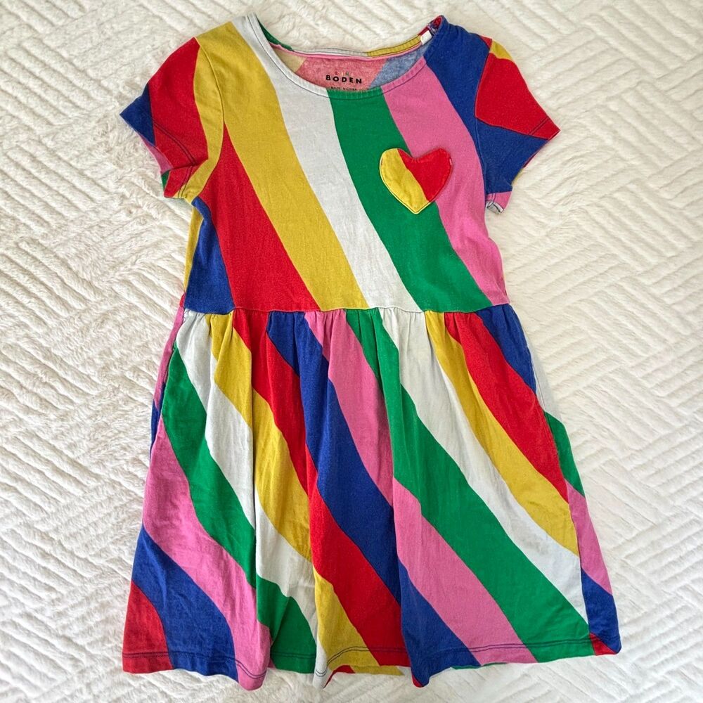 Mini Boden Size 7-8Y Rainbow Stripe Heart Pocket Short Sleeve Dress Colorful